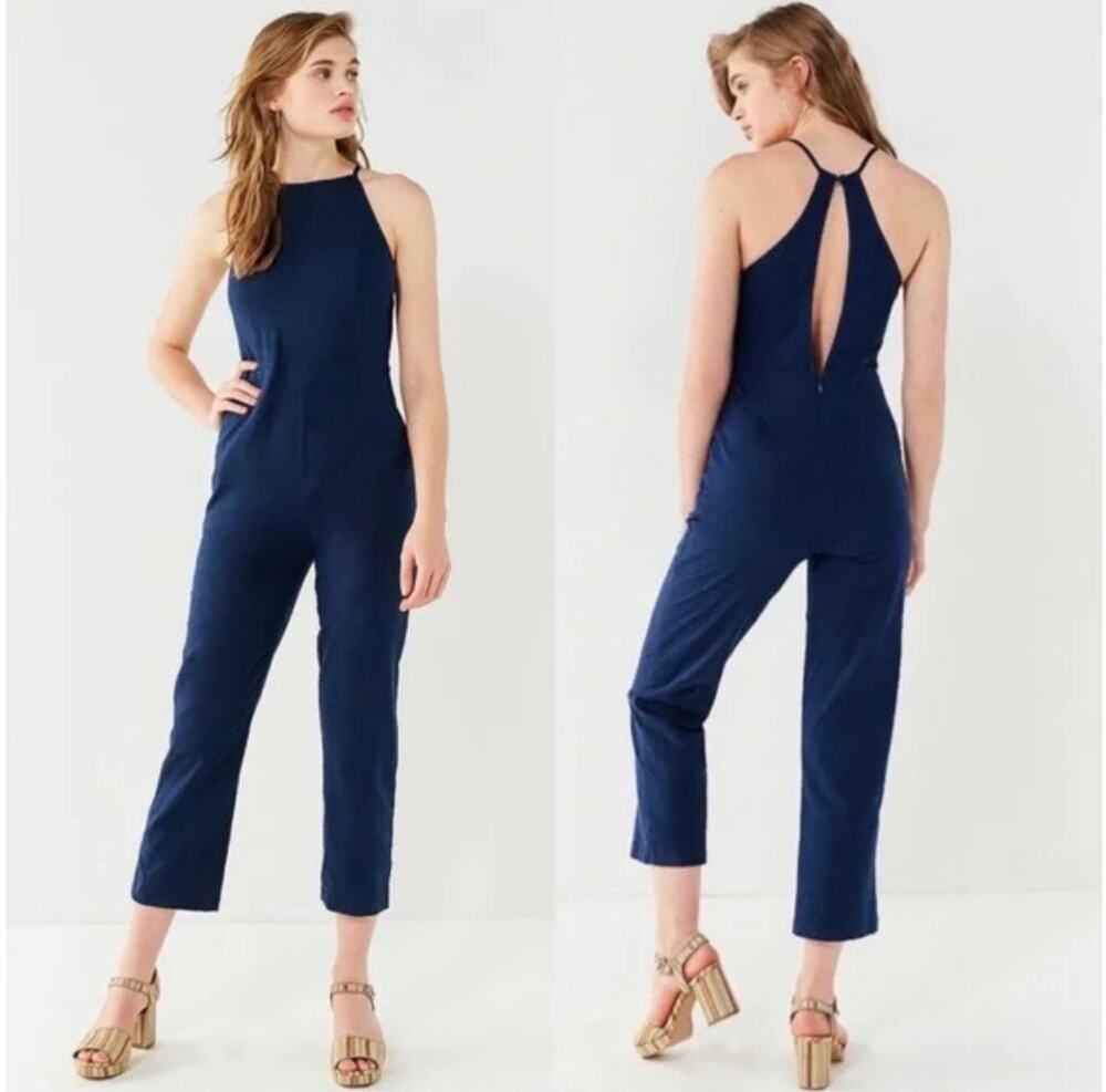 Urban Outfitters Hattie High Neck Linen Jumpsuit Navy 10 Pockets Stretch